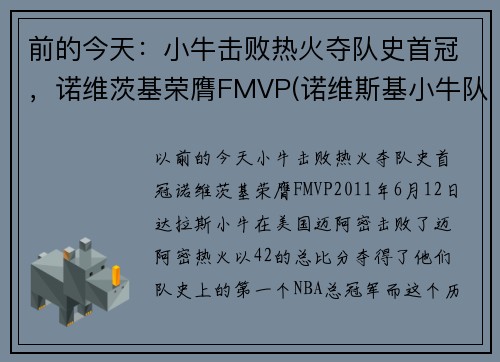 前的今天：小牛击败热火夺队史首冠，诺维茨基荣膺FMVP(诺维斯基小牛队友)