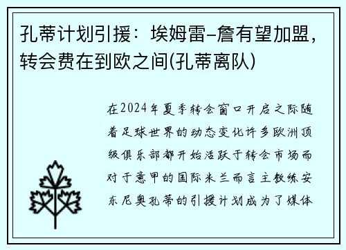 孔蒂计划引援：埃姆雷-詹有望加盟，转会费在到欧之间(孔蒂离队)