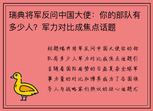 瑞典将军反问中国大使：你的部队有多少人？军力对比成焦点话题