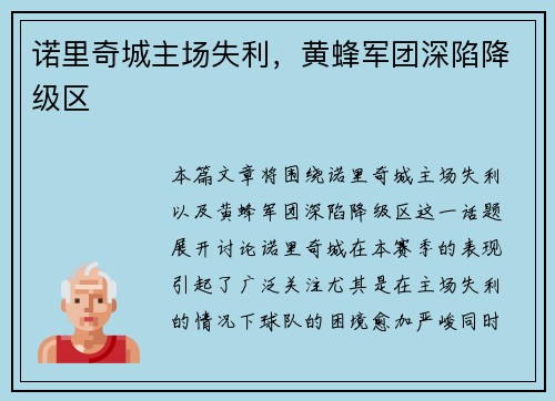 诺里奇城主场失利，黄蜂军团深陷降级区