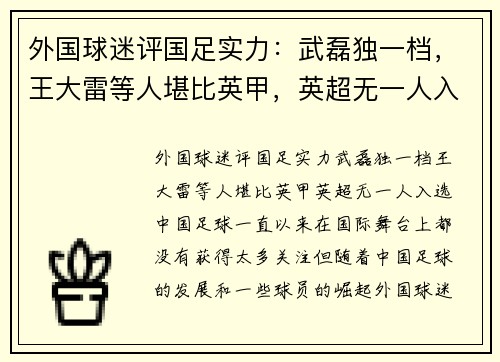 外国球迷评国足实力：武磊独一档，王大雷等人堪比英甲，英超无一人入选