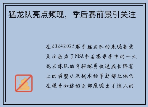 猛龙队亮点频现，季后赛前景引关注
