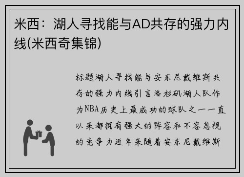 米西：湖人寻找能与AD共存的强力内线(米西奇集锦)