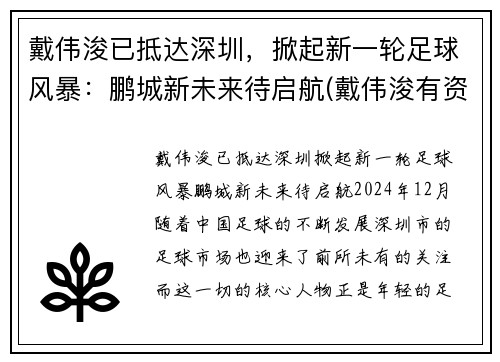 戴伟浚已抵达深圳，掀起新一轮足球风暴：鹏城新未来待启航(戴伟浚有资格入选国足吗)
